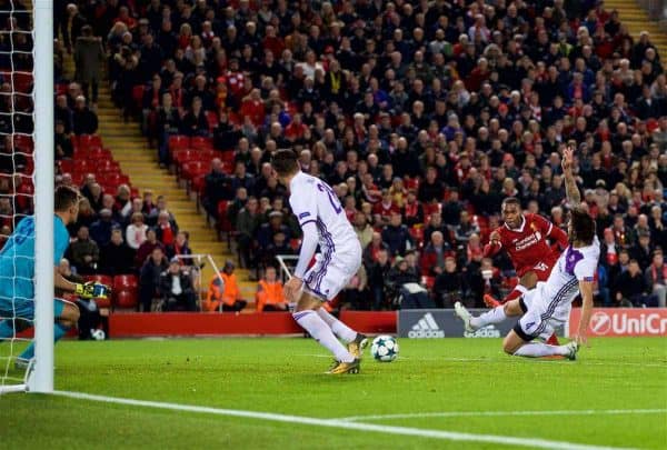 LIVERPOOL, ENGLAND - Wednesday, November 1, 2017: Liverpool's Daniel Sturridge scores the third goal during the UEFA Champions League Group E match between Liverpool FC and NK Maribor at Anfield. (Pic by David Rawcliffe/Propaganda)