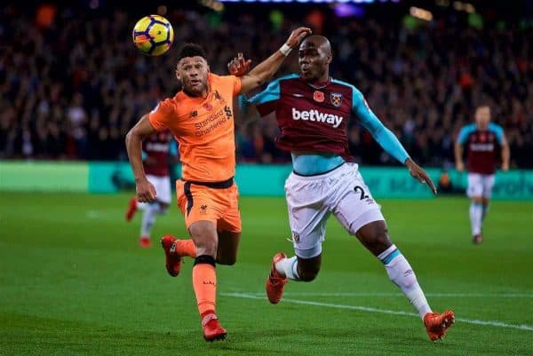 LONDON, ENGLAND - Saturday, November 4, 2017: Liverpool's Alex Oxlade-Chamberlain and West Ham United's Winston Reid during the FA Premier League match between West Ham United FC and Liverpool FC at the London Stadium. (Pic by David Rawcliffe/Propaganda)