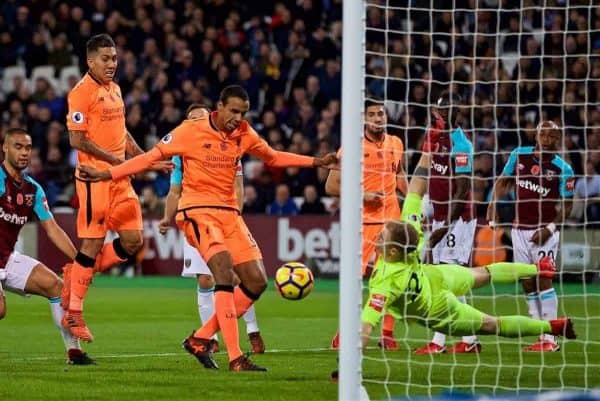 LONDON, ENGLAND - Saturday, November 4, 2017: Liverpool's Joel Matip scores the second goal during the FA Premier League match between West Ham United FC and Liverpool FC at the London Stadium. (Pic by David Rawcliffe/Propaganda)