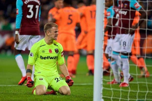 LONDON, ENGLAND - Saturday, November 4, 2017: West Ham United's Joe Hart looks dejected as Liverpool score the second goal during the FA Premier League match between West Ham United FC and Liverpool FC at the London Stadium. (Pic by David Rawcliffe/Propaganda)