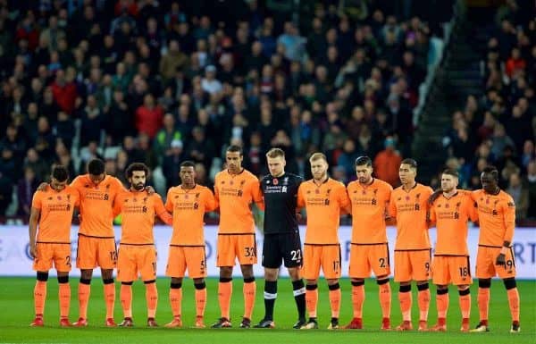 LONDON, ENGLAND - Saturday, November 4, 2017: Liverpool players stand for a minute's silence ahead of Remembrance Day before the FA Premier League match between West Ham United FC and Liverpool FC at the London Stadium. (Pic by David Rawcliffe/Propaganda)