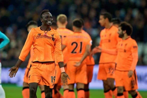 LONDON, ENGLAND - Saturday, November 4, 2017: Liverpool's Sadio Mane celebrates after his side's fourth goal during the FA Premier League match between West Ham United FC and Liverpool FC at the London Stadium. (Pic by David Rawcliffe/Propaganda)