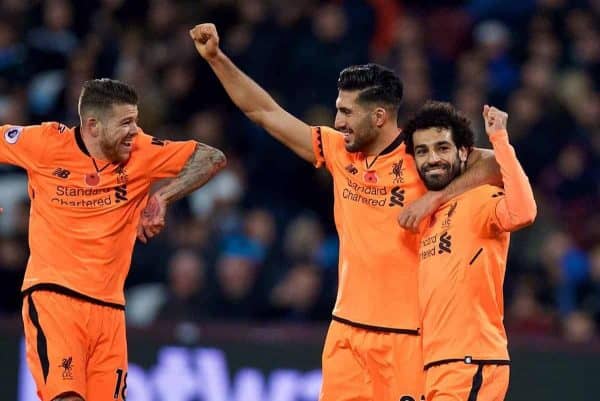 LONDON, ENGLAND - Saturday, November 4, 2017: Liverpool's Mohamed Salah celebrates scoring the fourth goal with team-mates Alberto Moreno and Emre Can during the FA Premier League match between West Ham United FC and Liverpool FC at the London Stadium. (Pic by David Rawcliffe/Propaganda)