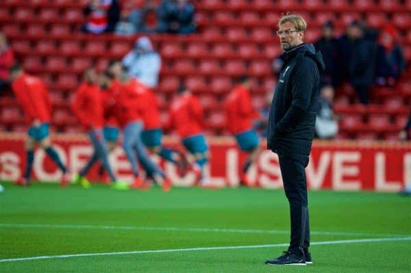 LIVERPOOL, ENGLAND - Saturday, October 28, 2017: Liverpool's manager Jürgen Klopp before the FA Premier League match between Liverpool and Southampton at Anfield. (Pic by David Rawcliffe/Propaganda)