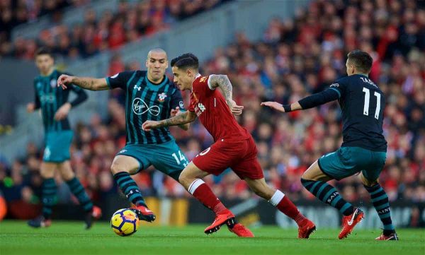 LIVERPOOL, ENGLAND - Saturday, October 28, 2017: Liverpool's Philippe Coutinho Correia during the FA Premier League match between Liverpool and Southampton at Anfield. (Pic by David Rawcliffe/Propaganda)