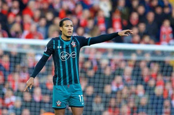 LIVERPOOL, ENGLAND - Saturday, October 28, 2017: Southampton's Virgil Van Dijk during the FA Premier League match between Liverpool and Southampton at Anfield. (Pic by David Rawcliffe/Propaganda)