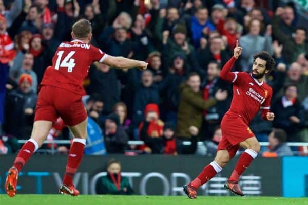 LIVERPOOL, ENGLAND - Saturday, October 28, 2017: Liverpool's Mohamed Salah celebrates scoring the first goal during the FA Premier League match between Liverpool and Southampton at Anfield. (Pic by David Rawcliffe/Propaganda)