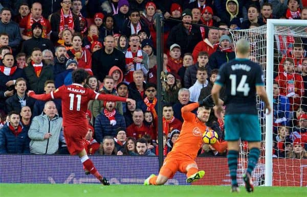 LIVERPOOL, ENGLAND - Saturday, October 28, 2017: Liverpool's Mohamed Salah scores the second goal during the FA Premier League match between Liverpool and Southampton at Anfield. (Pic by David Rawcliffe/Propaganda)
