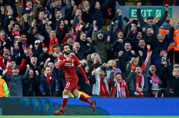 LIVERPOOL, ENGLAND - Saturday, October 28, 2017: Liverpool's Mohamed Salah celebrates scoring the second goal during the FA Premier League match between Liverpool and Southampton at Anfield. (Pic by David Rawcliffe/Propaganda)