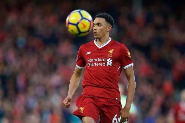 LIVERPOOL, ENGLAND - Saturday, October 28, 2017: Liverpool's Trent Alexander-Arnold during the FA Premier League match between Liverpool and Southampton at Anfield. (Pic by David Rawcliffe/Propaganda)