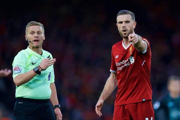 LIVERPOOL, ENGLAND - Saturday, October 28, 2017: Liverpool's captain Jordan Henderson and referee Mike Jones during the FA Premier League match between Liverpool and Southampton at Anfield. (Pic by David Rawcliffe/Propaganda)