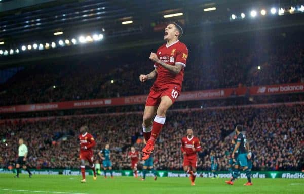 LIVERPOOL, ENGLAND - Saturday, October 28, 2017: Liverpool's Philippe Coutinho Correia celebrates scoring the third goal during the FA Premier League match between Liverpool and Southampton at Anfield. (Pic by David Rawcliffe/Propaganda)