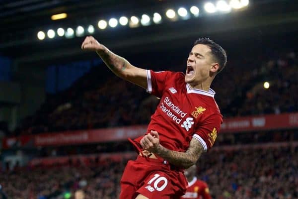 LIVERPOOL, ENGLAND - Saturday, October 28, 2017: Liverpool's Philippe Coutinho Correia celebrates scoring the third goal during the FA Premier League match between Liverpool and Southampton at Anfield. (Pic by David Rawcliffe/Propaganda)