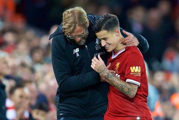 LIVERPOOL, ENGLAND - Saturday, October 28, 2017: Liverpool's Philippe Coutinho Correia is embraced by manager J¸rgen Klopp as he is substituted immediately after scoring the third goal during the FA Premier League match between Liverpool and Southampton at Anfield. (Pic by David Rawcliffe/Propaganda)