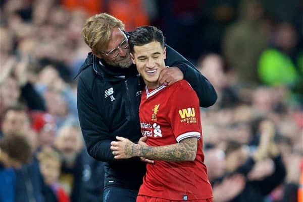 LIVERPOOL, ENGLAND - Saturday, October 28, 2017: Liverpool's Philippe Coutinho Correia is embraced by manager Jürgen Klopp as he is substituted immediately after scoring the third goal during the FA Premier League match between Liverpool and Southampton at Anfield. (Pic by David Rawcliffe/Propaganda)