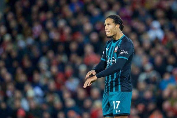 LIVERPOOL, ENGLAND - Saturday, October 28, 2017: Southampton's Virgil Van Dijk during the FA Premier League match between Liverpool and Southampton at Anfield. (Pic by David Rawcliffe/Propaganda)