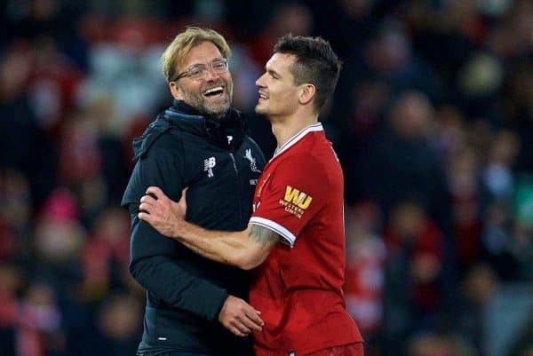 LIVERPOOL, ENGLAND - Saturday, October 28, 2017: Liverpool's manager J¸rgen Klopp celebrates with Dejan Lovren after the 3-0 victory during the FA Premier League match between Liverpool and Southampton at Anfield. (Pic by David Rawcliffe/Propaganda)