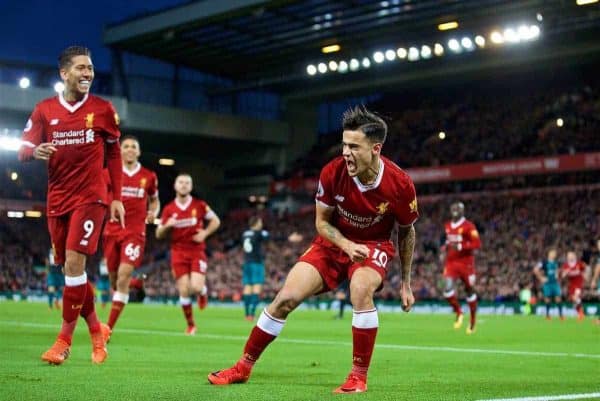 LIVERPOOL, ENGLAND - Saturday, October 28, 2017: Liverpool's Philippe Coutinho Correia celebrates scoring the second goal during the FA Premier League match between Liverpool and Southampton at Anfield. (Pic by David Rawcliffe/Propaganda)