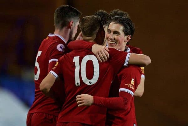 BIRKENHEAD, ENGLAND - Saturday, November 18, 2017: Liverpool's Herbie Kane [#10] celebrates scoring the first goal with team-mate Harry Wilson during the Under-23 FA Premier League 2 Division 1 match between Liverpool and Everton at Prenton Park. (Pic by David Rawcliffe/Propaganda)