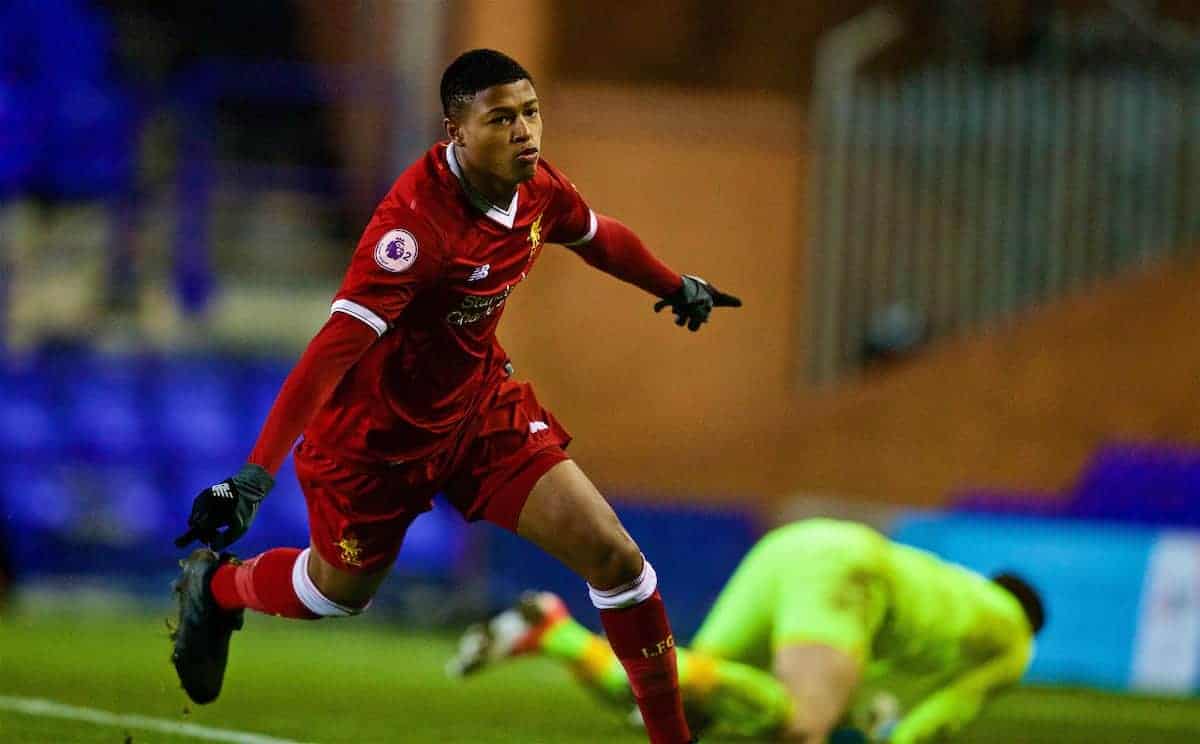 BIRKENHEAD, ENGLAND - Saturday, November 18, 2017: Liverpool's Rhian Brewster celebrates scoring the third goal during the Under-23 FA Premier League 2 Division 1 match between Liverpool and Everton at Prenton Park. (Pic by David Rawcliffe/Propaganda)