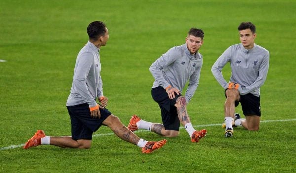 SEVILLE, SPAIN - Monday, November 20, 2017: Liverpool's Alberto Moreno and Philippe Coutinho Correia during a training session ahead of the UEFA Champions League Group E match between Sevilla FC and Liverpool FC at the Estadio Ramón Sánchez Pizjuán. (Pic by David Rawcliffe/Propaganda)