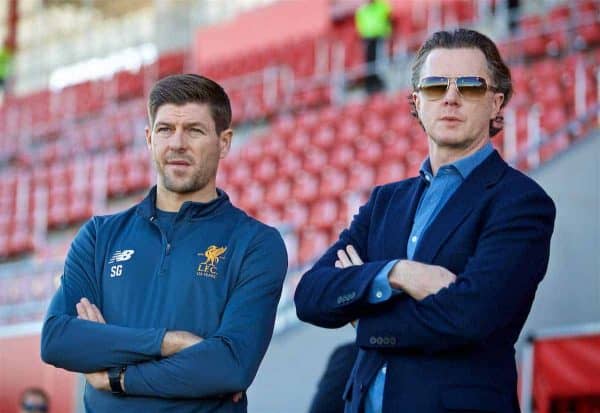 SEVILLE, SPAIN - Tuesday, November 21, 2017: Liverpool's Under-18 manager Steven Gerrard and former Liverpool player Steve McManaman during the UEFA Youth League Group E match between Sevilla FC and Liverpool FC at the Ciudad Deportiva Jose Ramon Cisneros. (Pic by David Rawcliffe/Propaganda)