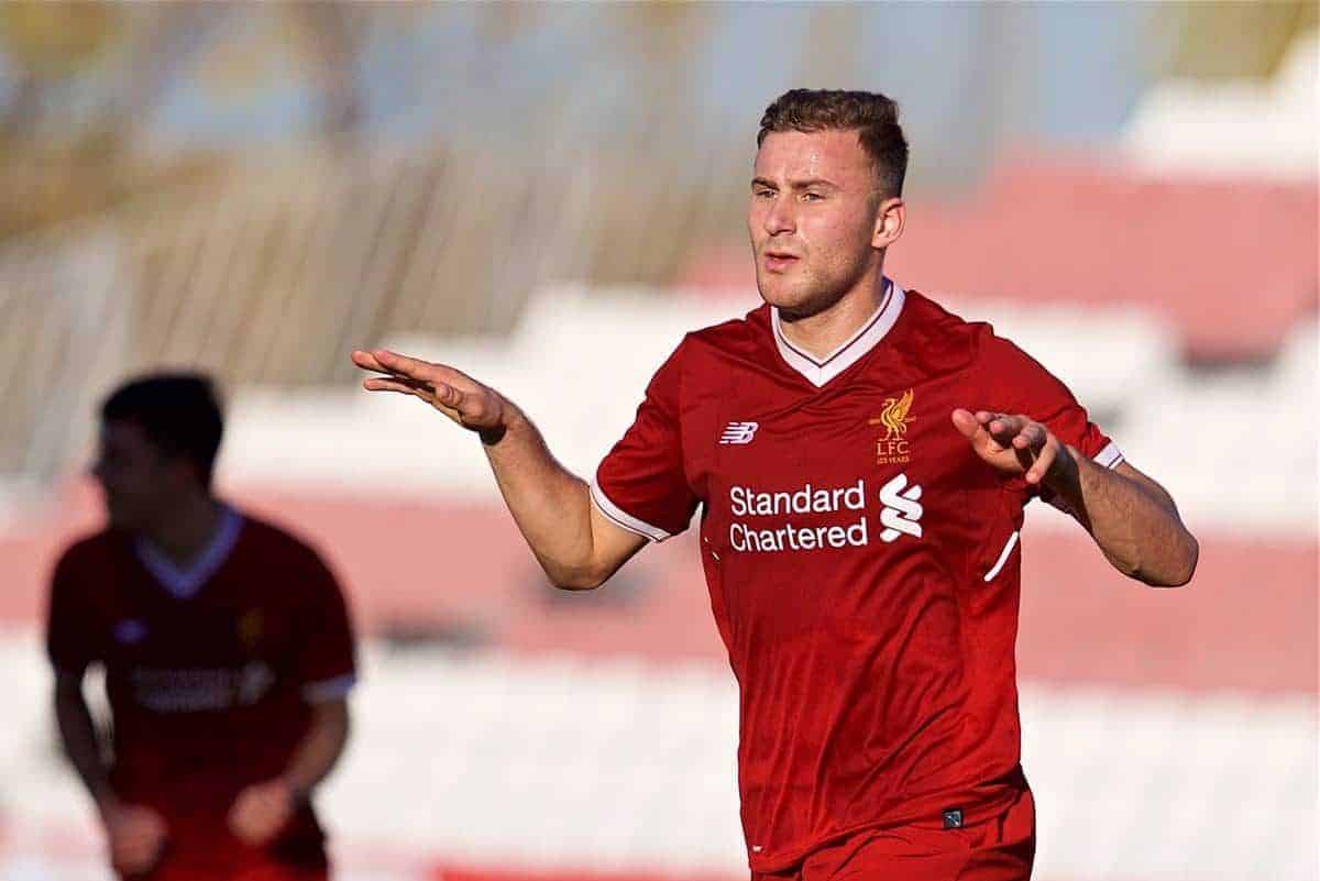 SEVILLE, SPAIN - Tuesday, November 21, 2017: Liverpool's Herbie Kane celebrates scoring the second goal during the UEFA Youth League Group E match between Sevilla FC and Liverpool FC at the Ciudad Deportiva Jose Ramon Cisneros. (Pic by David Rawcliffe/Propaganda)