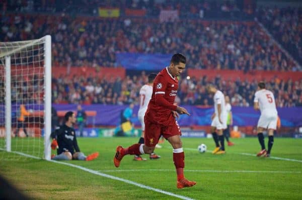 SEVILLE, SPAIN - Tuesday, November 21, 2017: Liverpool's Roberto Firmino celebrates scoring the first goal during the UEFA Champions League Group E match between Sevilla FC and Liverpool FC at the Estadio Ramón Sánchez Pizjuán. (Pic by David Rawcliffe/Propaganda)