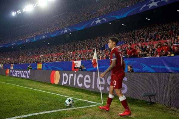 SEVILLE, SPAIN - Tuesday, November 21, 2017: Priceless... Liverpool's Philippe Coutinho Correia takes a corner-kick during the UEFA Champions League Group E match between Sevilla FC and Liverpool FC at the Estadio Ramón Sánchez Pizjuán. (Pic by David Rawcliffe/Propaganda)