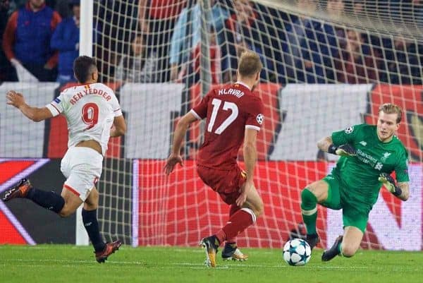 SEVILLE, SPAIN - Tuesday, November 21, 2017: Liverpool's goalkeeper Loris Karius during the UEFA Champions League Group E match between Sevilla FC and Liverpool FC at the Estadio RamÛn S·nchez Pizju·n. (Pic by David Rawcliffe/Propaganda)