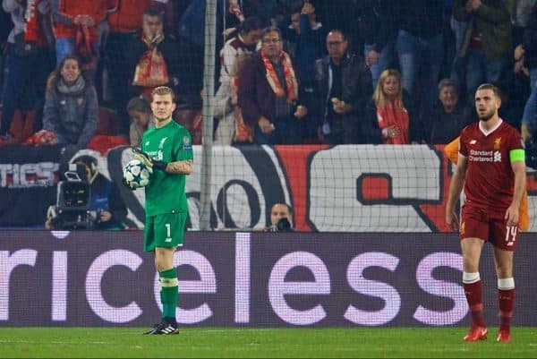 SEVILLE, SPAIN - Tuesday, November 21, 2017: Liverpool's goalkeeper Loris Karius during the UEFA Champions League Group E match between Sevilla FC and Liverpool FC at the Estadio RamÛn S·nchez Pizju·n. (Pic by David Rawcliffe/Propaganda)