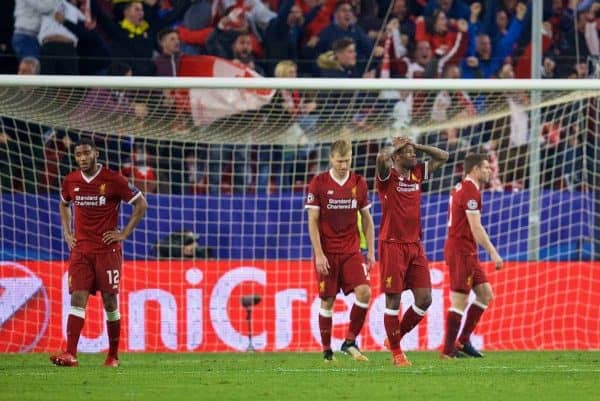 SEVILLE, SPAIN - Tuesday, November 21, 2017: Liverpool players Joe Gomez, Ragnar Klavan, Georginio Wijnaldum looks dejected after throwing away a three goal half-time lead as Sevilla score a late equalising goal during the UEFA Champions League Group E match between Sevilla FC and Liverpool FC at the Estadio RamÛn S·nchez Pizju·n. (Pic by David Rawcliffe/Propaganda)