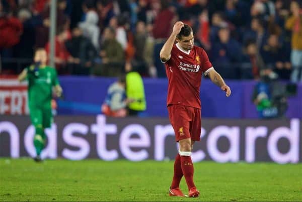 SEVILLE, SPAIN - Tuesday, November 21, 2017: Liverpool Dejan Lovren looks dejected after throwing away a three goal half-time lead as Sevilla score a late equalising goal during the UEFA Champions League Group E match between Sevilla FC and Liverpool FC at the Estadio Ramón Sánchez Pizjuán. (Pic by David Rawcliffe/Propaganda)