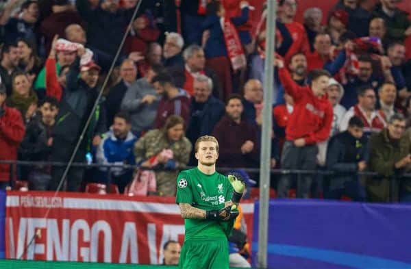 SEVILLE, SPAIN - Tuesday, November 21, 2017: Liverpool's goalkeeper Loris Karius looks dejected as he concedes the second goal, from a re-taken penalty, during the UEFA Champions League Group E match between Sevilla FC and Liverpool FC at the Estadio Ramón Sánchez Pizjuán. (Pic by David Rawcliffe/Propaganda)