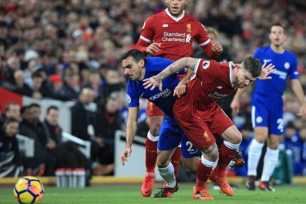 LIVERPOOL, ENGLAND - Saturday, November 25, 2017: Liverpool's Alberto Moreno (R) tackles Chelsea's Davide Zappacosta during the FA Premier League match between Liverpool and Chelsea at Anfield. (Pic by Lindsey Parnaby/Propaganda)