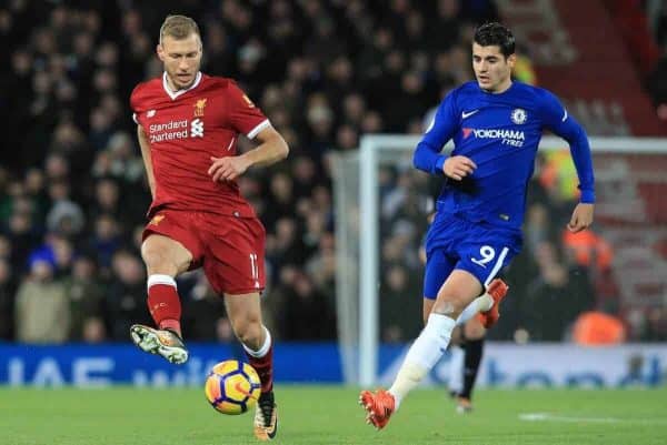 LIVERPOOL, ENGLAND - Saturday, November 25, 2017: Liverpool's Ragnar Klavan (L) vies with Chelseaís ¡lvaro Morata during the FA Premier League match between Liverpool and Chelsea at Anfield. (Pic by Lindsey Parnaby/Propaganda)