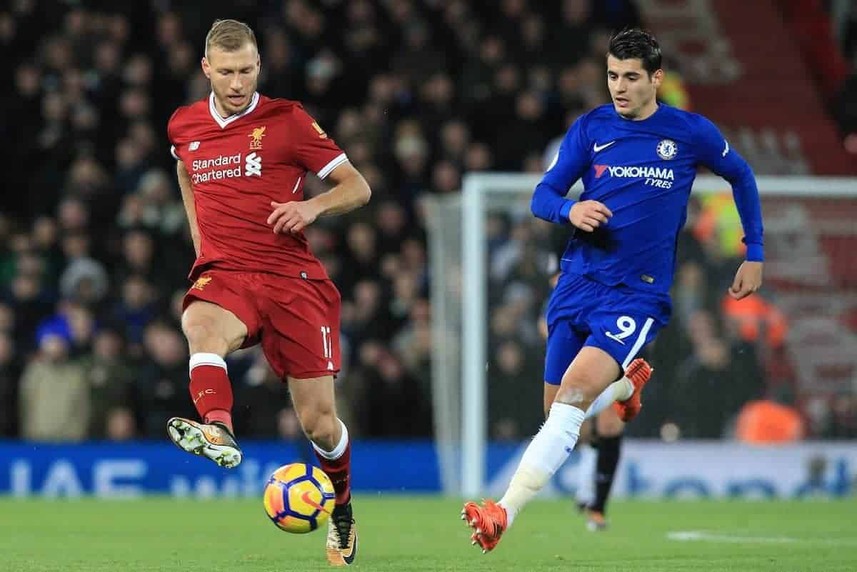 LIVERPOOL, ENGLAND - Saturday, November 25, 2017: Liverpool's Ragnar Klavan (L) vies with Chelseaís ¡lvaro Morata during the FA Premier League match between Liverpool and Chelsea at Anfield. (Pic by Lindsey Parnaby/Propaganda)