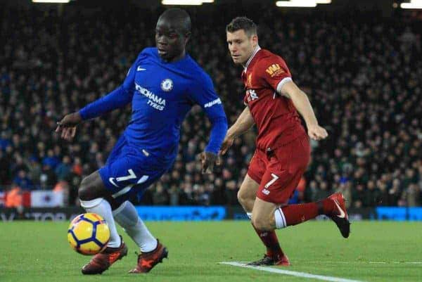 LIVERPOOL, ENGLAND - Saturday, November 25, 2017: Liverpoolís James Milner (R) challenges Chelseaís Ngolo KantÈ during the FA Premier League match between Liverpool and Chelsea at Anfield. (Pic by Lindsey Parnaby/Propaganda)