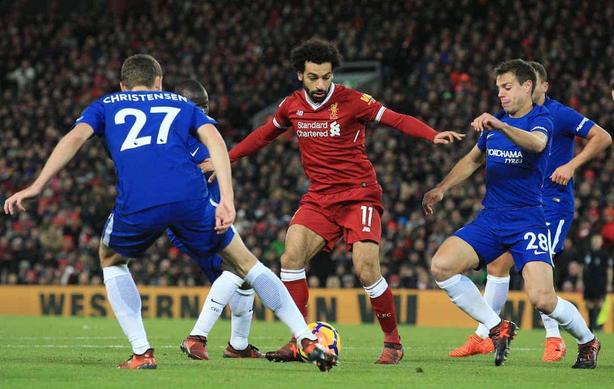 LIVERPOOL, ENGLAND - Saturday, November 25, 2017: Liverpool’s Mohamed Salah tests Chelsea defence during the FA Premier League match between Liverpool and Chelsea at Anfield. (Pic by Lindsey Parnaby/Propaganda)