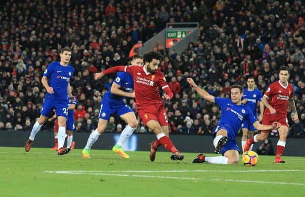 LIVERPOOL, ENGLAND - Saturday, November 25, 2017:Liverpoolís Mohamed Salah scores the opening goal against Chelsea during the FA Premier League match between Liverpool and Chelsea at Anfield. (Pic by Lindsey Parnaby/Propaganda)