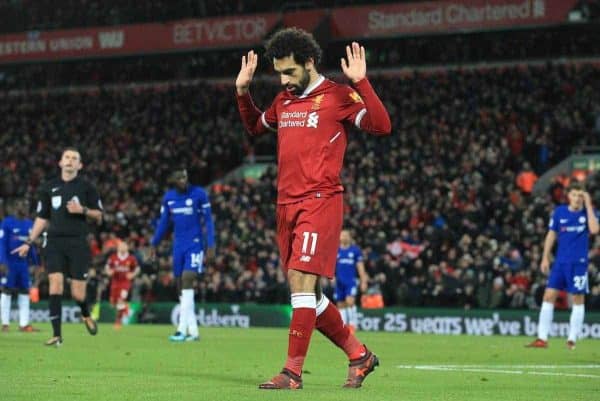 LIVERPOOL, ENGLAND - Saturday, November 25, 2017:Liverpoolís Mohamed Salah celebrates scoring the opening goal against Chelsea during the FA Premier League match between Liverpool and Chelsea at Anfield. (Pic by Lindsey Parnaby/Propaganda)