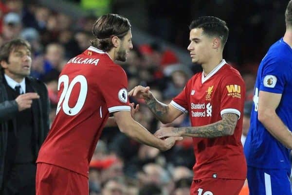LIVERPOOL, ENGLAND - Saturday, November 25, 2017: Liverpool substitute Adam Lallana (L) comes onto play as Liverpoolís Philippe Coutinho is taken off during the FA Premier League match between Liverpool and Chelsea at Anfield. (Pic by Lindsey Parnaby/Propaganda)