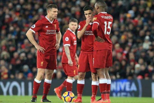 LIVERPOOL, ENGLAND - Saturday, November 25, 2017: Liverpoolís Philippe Coutinho (centre) confers with team mates Liverpoolís Daniel Sturridge (R) and Liverpoolís James Milner (L) during the FA Premier League match between Liverpool and Chelsea at Anfield. (Pic by Lindsey Parnaby/Propaganda)