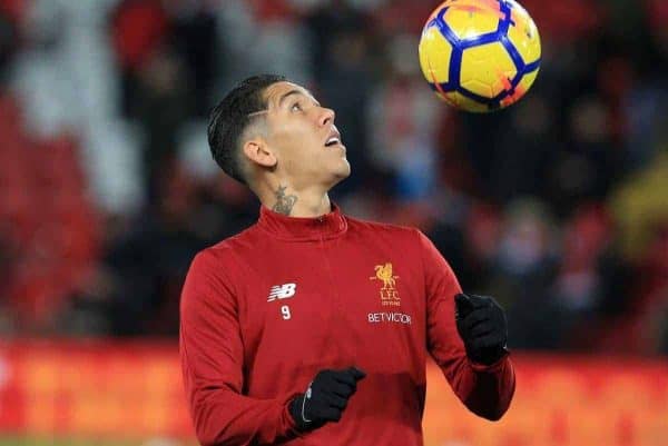 LIVERPOOL, ENGLAND - Saturday, November 25, 2017: Liverpoolís Roberto Firmino in action during warm up for the FA Premier League match between Liverpool and Chelsea at Anfield. (Pic by Lindsey Parnaby/Propaganda)