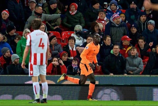 STOKE-ON-TRENT, ENGLAND - Wednesday, November 29, 2017: Liverpool's Mohamed Salah celebrates scoring the first goal during the FA Premier League match between Stoke City and Liverpool at the Bet365 Stadium. (Pic by David Rawcliffe/Propaganda)