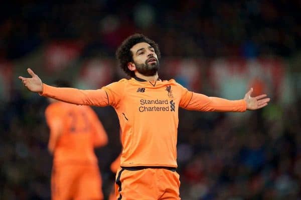 STOKE-ON-TRENT, ENGLAND - Wednesday, November 29, 2017: Liverpool's Mohamed Salah celebrates scoring the second goal during the FA Premier League match between Stoke City and Liverpool at the Bet365 Stadium. (Pic by David Rawcliffe/Propaganda)