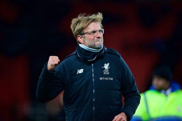 STOKE-ON-TRENT, ENGLAND - Wednesday, November 29, 2017: Liverpool's manager J¸rgen Klopp celebrates his side's 3-0 victory during the FA Premier League match between Stoke City and Liverpool at the Bet365 Stadium. (Pic by David Rawcliffe/Propaganda)