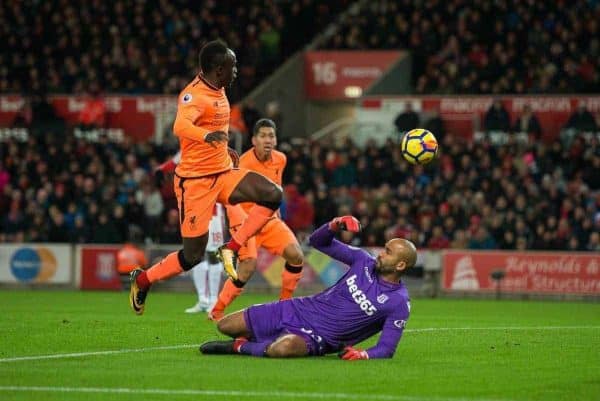 STOKE-ON-TRENT, ENGLAND - Wednesday, November 29, 2017: Liverpoolís Sadio Mane scores the opening goal during the FA Premier League match between Stoke City and Liverpool at the Bet365 Stadium. (Pic by Peter Powell/Propaganda)