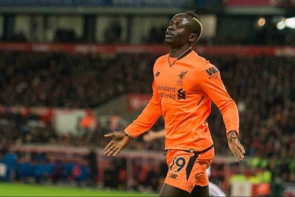 STOKE-ON-TRENT, ENGLAND - Wednesday, November 29, 2017: Liverpoolís Sadio Mane celebrates scoring the opening goal with Dominic Solank , Joe Gomez and Alex Oxlade-Chamberlain during the FA Premier League match between Stoke City and Liverpool at the Bet365 Stadium. (Pic by Peter Powell/Propaganda)