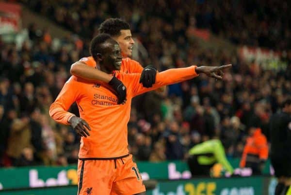 STOKE-ON-TRENT, ENGLAND - Wednesday, November 29, 2017: Liverpoolís Sadio Mane celebrates scoring the opening goal with Dominic Solank , Joe Gomez and Alex Oxlade-Chamberlain during the FA Premier League match between Stoke City and Liverpool at the Bet365 Stadium. (Pic by Peter Powell/Propaganda)